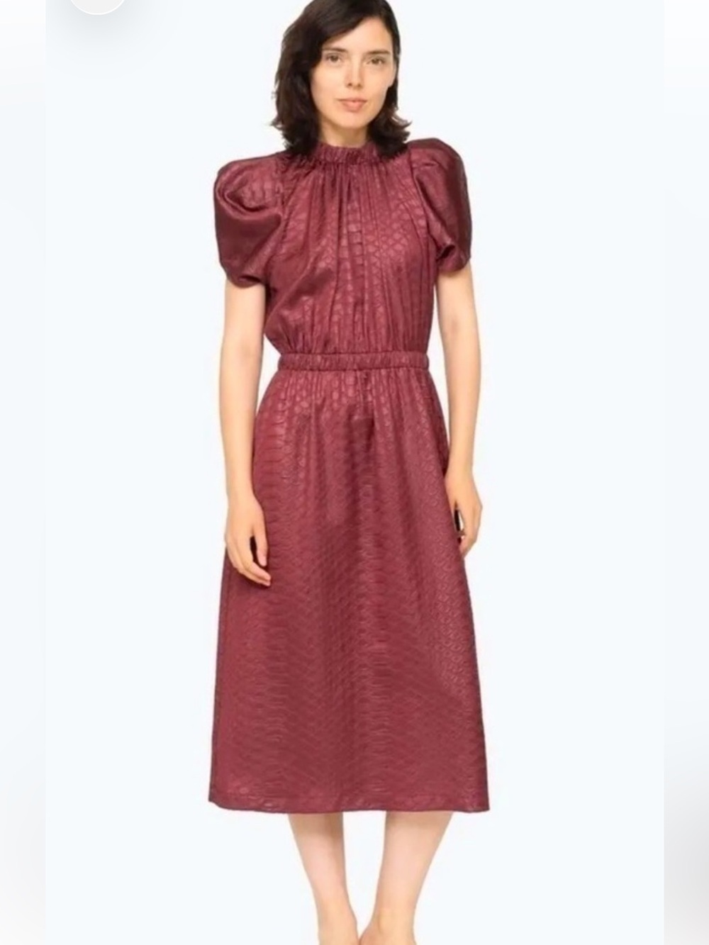 Sea New York Simone Burgundy Snakeskin Textured Puff Sleeve Dress Size S